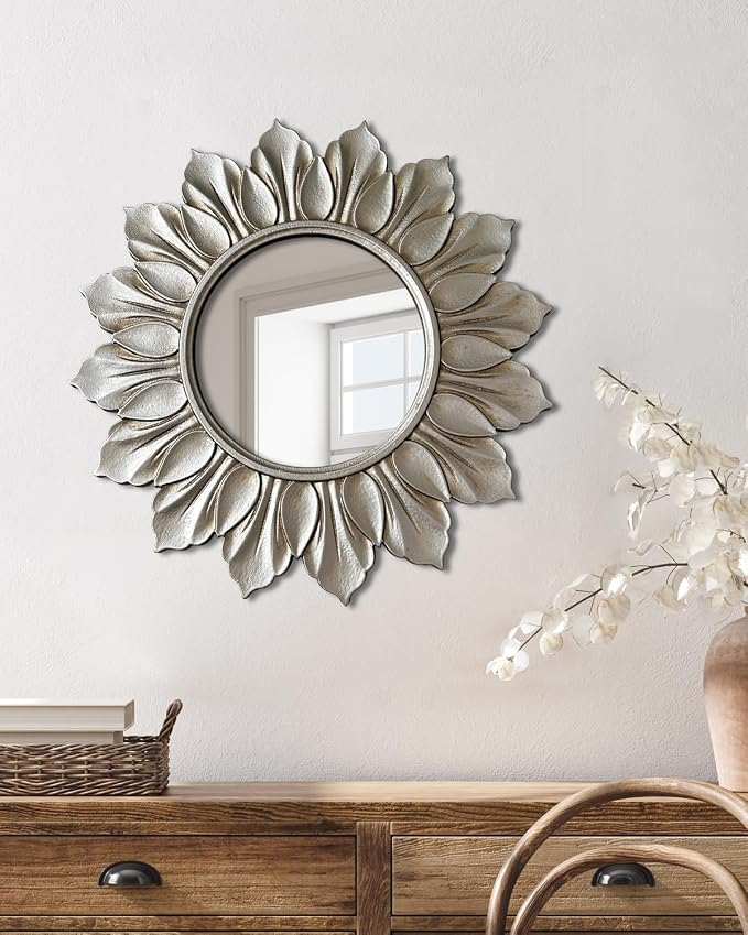 Sunflower Sunburst Wall Mirror, 22" Distressed Silver Wooden Frame, Handcrafted Petal Floral Design, Vintage Farmhouse Style Mirror for Wall Decor for Living Room, Bedroom, Bathroom, Vanity