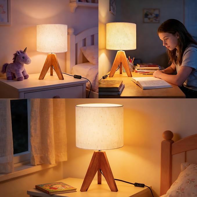Table Lamp, Small Side Table lamp with Linen Shade, Bedside Lamps for Living Room, Bedroom, Night Stands, Nursery, Kids Room, Wood Base, E26 Socket, 14.2 Inch（1pcs）