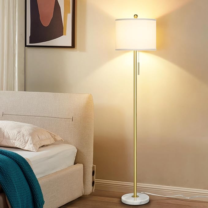 Qingmiao 【Upgraded】 Dimmable Gold Floor Lamps for Living Room, 63in Modern Standing Lamp with Marble Base, Tall Pole Light with White Linen Shade for Bedroom Reading Office Corner Nursery