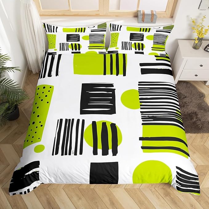 Geometric Stripe Circle Square Bedding Sets Queen Modern Mid Century Comforter Cover, Hippie Minimalist Bed Set Fifties Retro Old Fashion Duvet Cover, Black Green White Quilt Cover (Zipper Closure)