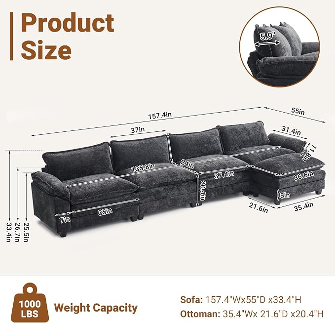 VINGLI 157" Cloud Black Convertible Sectional Sofa, Comfy L-Shape Extra Deep Seat Sofa Couch for Living Room,Modern Chenille 4-Seat Convertible Sofa with Movable Ottoman for Small Space