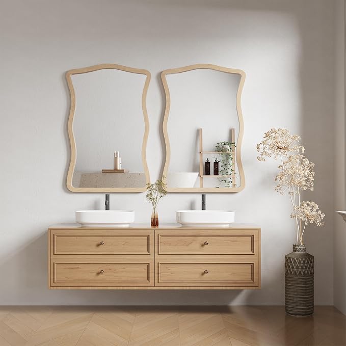 ULIKE Wavy Wall Mirror for Bathroom, 24x36 Wood Frame Mirror for Over Sink, Rustic Wall Mirrors Decorative and Vanity Mirrors for Bedroom Living Room Entryway, Natural