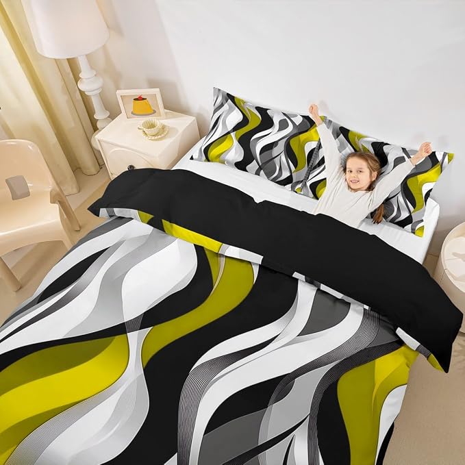 Yellow Black Stripes Duvet Cover Set Full Size,Geometric Comfy Striped Waves Bedding Set,Boys Girls Room Decor,Modern Abstract Simple Art Comforter Cover,Chic Quilt Cover,2 Pillowcases(No Filler)