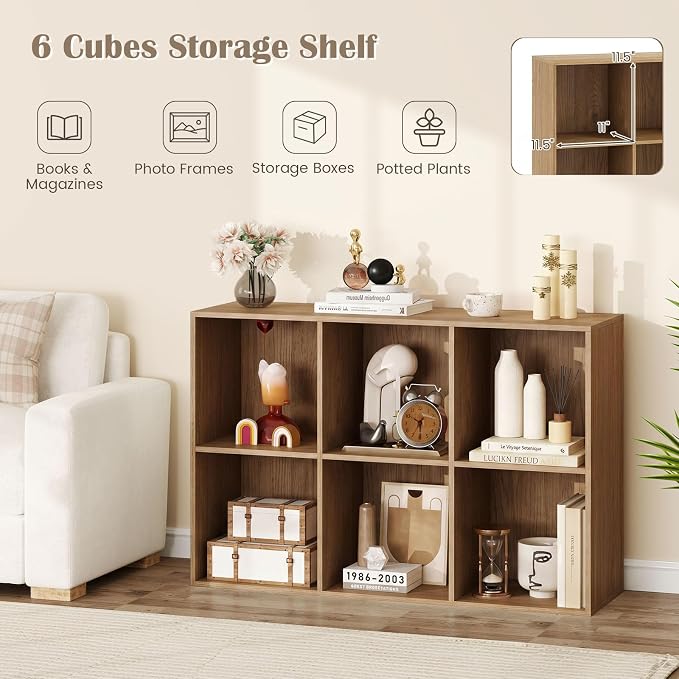 Tangkula 6-Cube Bookcase, Large Floor Standing Horizontal Bookshelf with 6 Open Shelves & 2 Anti-Tipping Kits, Home Office Wooden Storage Book Shelf for Living Room, Study (Natural, 6-Cube)