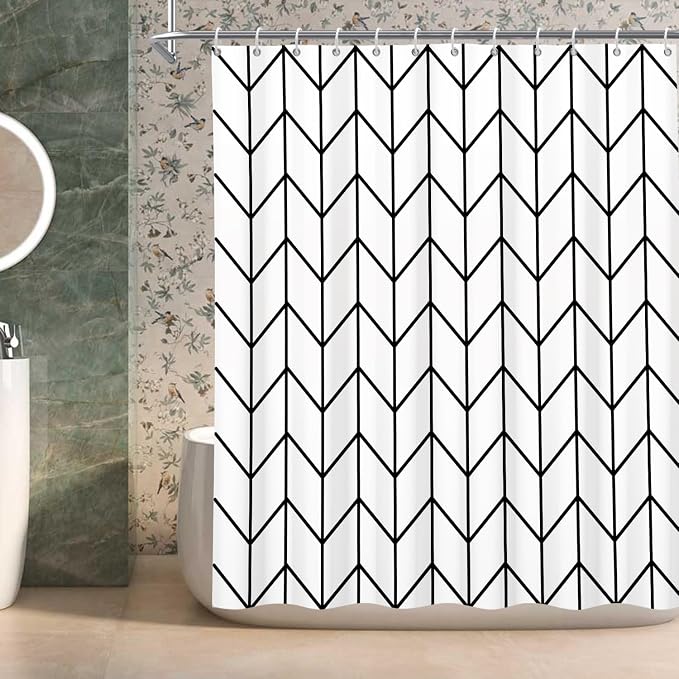 Boho Herringbone Shower Curtains Black White Zig Zag Geometric Bathroom Curtain Minimalist Abstract Polyester Shower Curtain Sets for Bathroom Extra Long 66x72 in with 12 Hooks