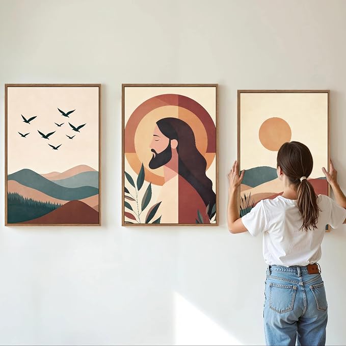 KaiWithYuan Large Jesus Portrait Framed Canvas Wall Art Set of 3, Boho Christian Bible Posters Wall Decor, Catholic Religious Calming Faith Art Paintings for Bedroom Living Room Church Office 16"x24"