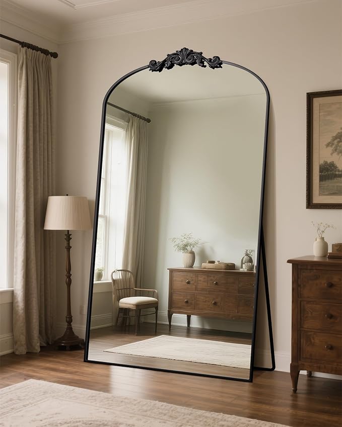 Antok Arched Full Length Mirror, 81"x41" Floor Mirror with Carved, Full Body Mirrors for HomeDecor, Standing/Halling Large Wall Mirror for Bedroom, Living Room, Cloakroom, Black, Retro Style