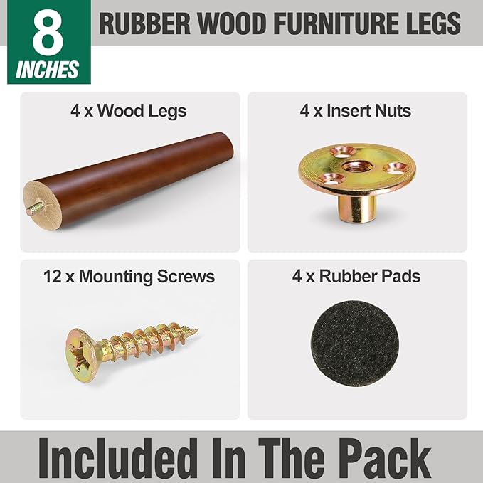 FoDau770 Brown Rubber Wood Furniture Legs 8 Inches, Slant Tapered Wood Feet Mid Century Sofa Legs Set of 4, 5/16" UNC Furniture Feet Replacement Parts for Cabinet Couch Dresser Chair Ottoman Table