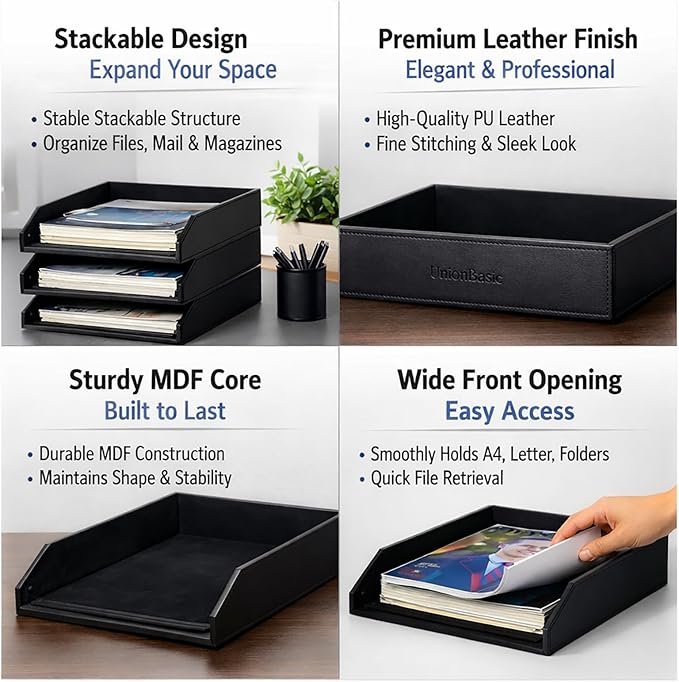 UnionBasic Stackable Document Paper Letter Tray, Faux Leather Desktop File Sorter Organizer Tray, Black