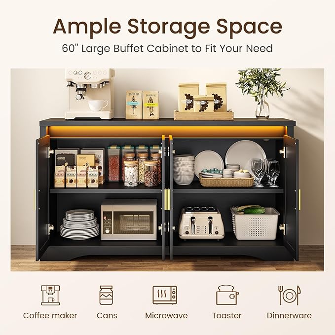 60'' Sideboard Buffet Cabinet with Storage, Modern Coffee Bar Cabinet with Power Outlets, LED Light, 4 Doors & Adjustable Shelves, Buffet Table for Kitchen, Dining Room, Living Room, Black