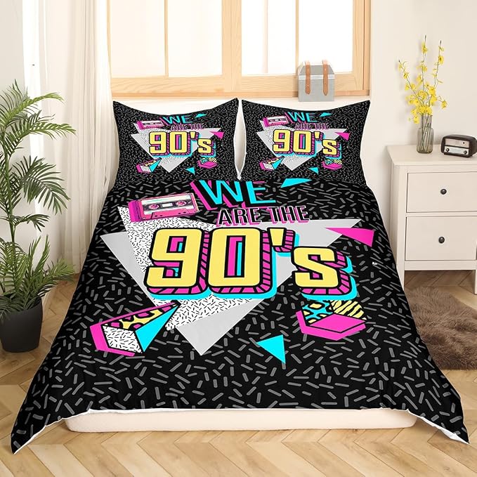 Manfei Memphis Duvet Cover Set Twin Size, Retro 90s Fashion Style Comforter Cover with 1 Pillowcase, Geometric Triangle Diamond Bedding Set 2pcs for Kids Boys Lightweight Bedspread Cover,No Comforter