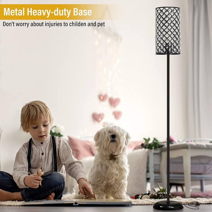 GyroVu Crystal Floor Lamp, Modern Standing Lamp with Elegant Shade Black Floor Lamp with On/Off Foot Switch,Tall Pole Accent Lighting for Living Room, Girl Bedroom, Dresser, Office