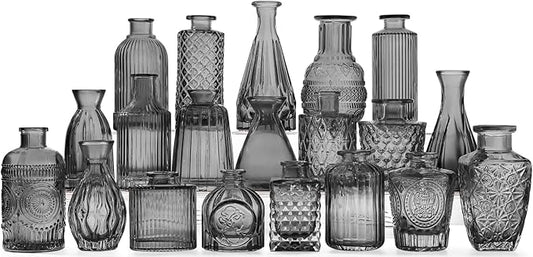 20 Pcs Black Glass Bud Vases- Set Gray Small Vases for Flowers, Vintage Style Cute Glass in Bulk for Centerpieces Rustic Decorative Flower Wedding Table Home Decor