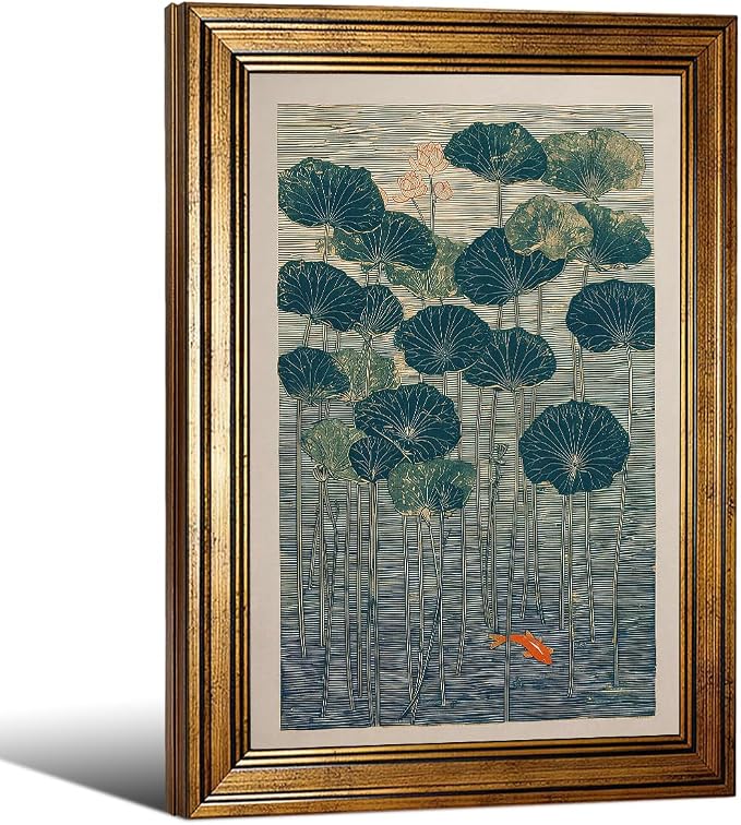 Gold Framed Lotus And Koi Canvas Poster Japanese Floral Botanical Pond Wall Art Retro Oriental Asian Prints Decor for Bedroom Zen Meditation Room Home 24x36 inch