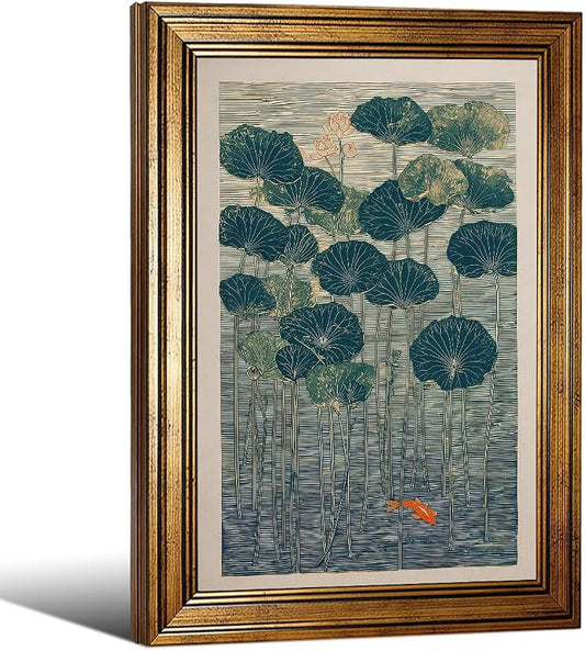 Gold Framed Lotus And Koi Canvas Poster Japanese Floral Botanical Pond Wall Art Retro Oriental Asian Prints Decor for Bedroom Zen Meditation Room Home 24x36 inch