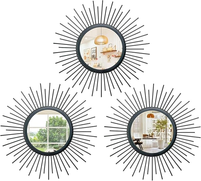 Cityelf 3 Set Sunburst Mirrors for Wall Decorative Metal Mirrors Small Mirror Sets Decor Hanging Mirror Wall Sculpture for Bedroom Living Room Entryway