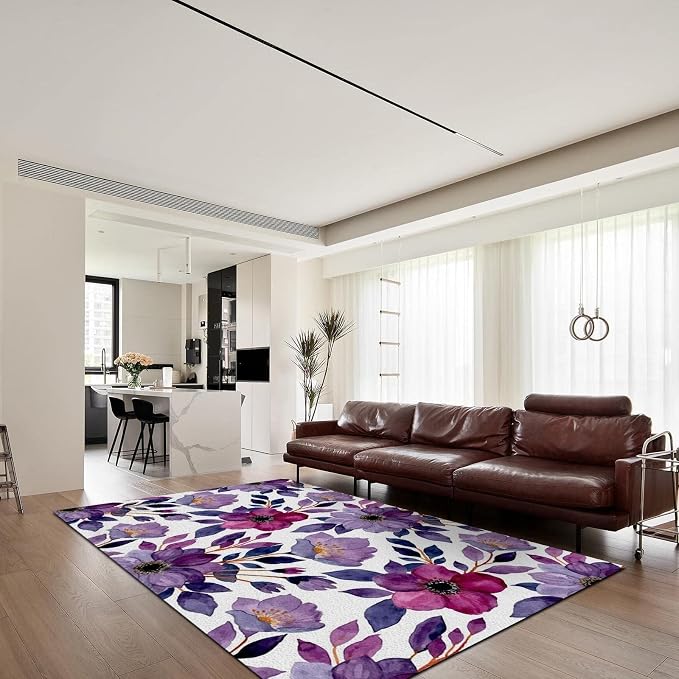 2x3 Area Rug Retro Purple Rose Outdoor Indoor Washable Carpet, White Purple Flowers Art Decorative Rug with Anti-Slip Backing Large Area Rugs for Bedroom Living Room Dining Room Office