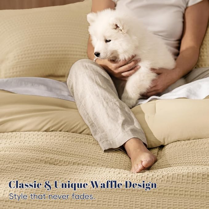 PHF Soft Waffle Comforter Set King Size- Comfy Breathable Waffle Weave Comforter with 2 Pillow Shams, 3 Pieces Less Snagging Lightweight Textured Bedding Set for All Season, Light Khaki