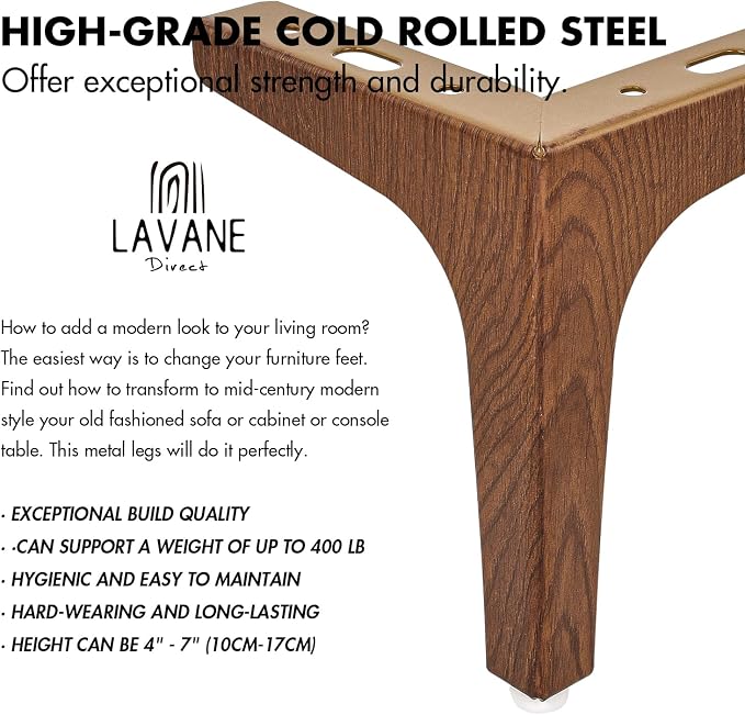 La Vane 7 Inch Metal Furniture Legs, Set of 4 - Modern Diamond Triangle Walnut DIY Replacement Feet Corner Legs for Cabinet, Sofa, Sideboard, Couch, Dresser Makeover