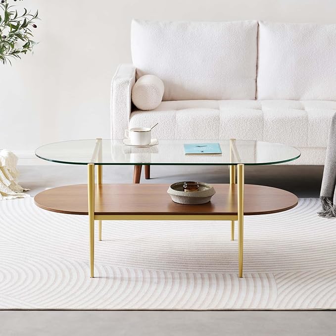 LumFurn Oval Glass Coffee Table, Mid-Century Modern Design, L41 x W21 x H17 inch, for Living Room, 2-Tier Structure, Clear Glass Top and Walnut Finish Wood Shelf, Conical Legs with Gold Finish Frame