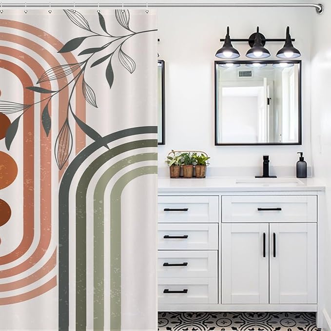 Mid Century Boho Sage Shower Curtain, Abstract Bohemian Mid Century Plant Leaf Rainbow Dots Washable Waterproof Fabric for Bathroom Decor Bathtub with 12 Hooks 72x72in (183x183cm)