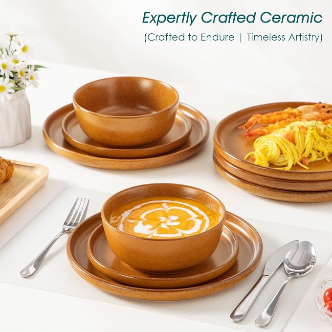 vancasso Plates and Bowls Sets, 24 Pieces Stoneware Dinnerware Set for 8, Ceramic Dish Set for Kitchen, Microwave and Dishwasher Safe, Caramel Yellow, Series ZERMATT