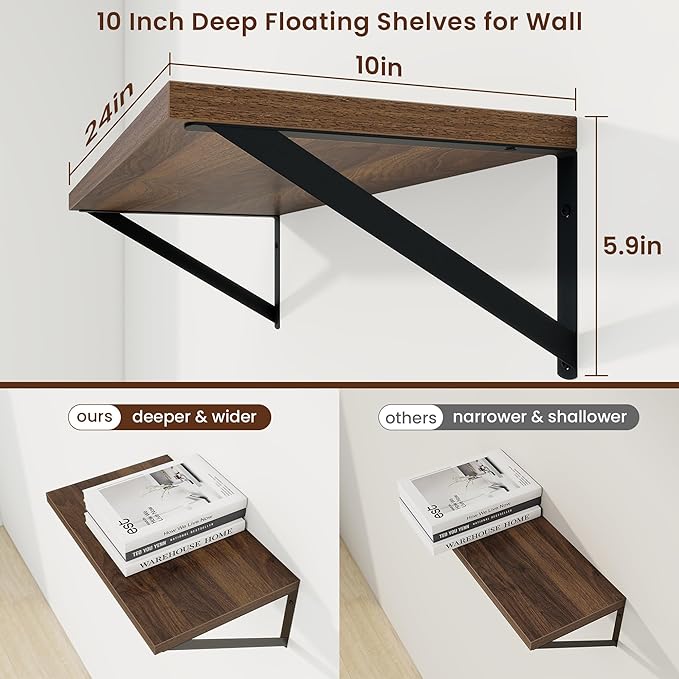 Axeman Deep Floating Shelves | 24 Inch Walnut Wall Shelves Set of 2 | 10 Inch Deep Wood Floating Shelves for Wall | 24" W x 10" D Walnut Shelves for Living Room Bathroom Kitchen
