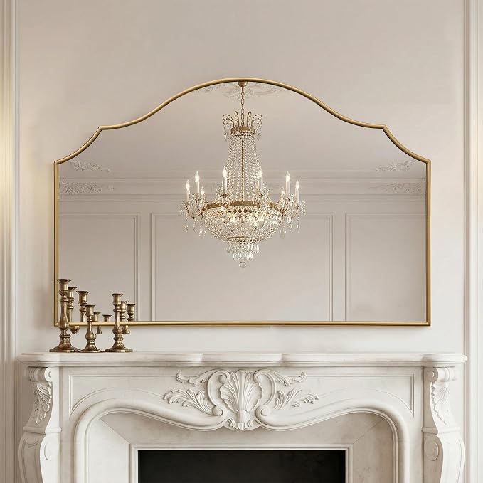 Besdomus Large Scalloped Gold Mirror: 47"x31" Modern Minimalist Wood Frame Wall Mirror - Decorative Vanity Arched for Bathroom/Dresser/Entryway/Fireplace/Living Room - Stylish Home Decor