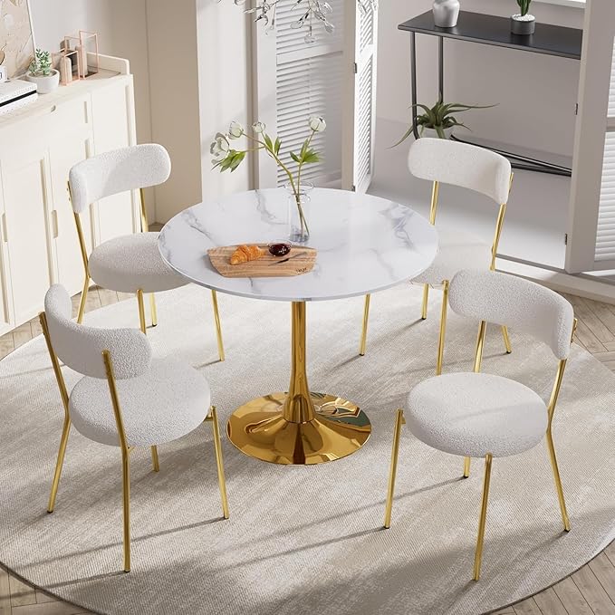 31.5 Inch Round Dining Table for 2-4 Person,Mid-Century White Tulip Table with Faux Printed Marble Tabletop and Gold Metal Base,Pedestal Base Table for Kitchen Dining Room