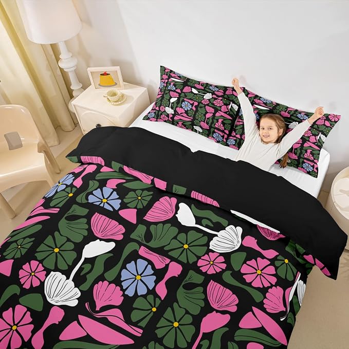 Erosebridal Boho Abstract Floral Duvet Cover Full Mid Century Modern Bedding Set Vintage Pink Green Floral Comforter Cover for Kids Adults,Aesthetic Patchwork Geometric Bed Set