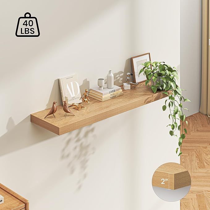 Dreamland 55" Floating Shelves for Wall, 12" Deep Thicker Oak Floating Shelves, Wall-Mounted Shelves for Bedroom, Living Room, Kitchen, Bathroom - Set of 1