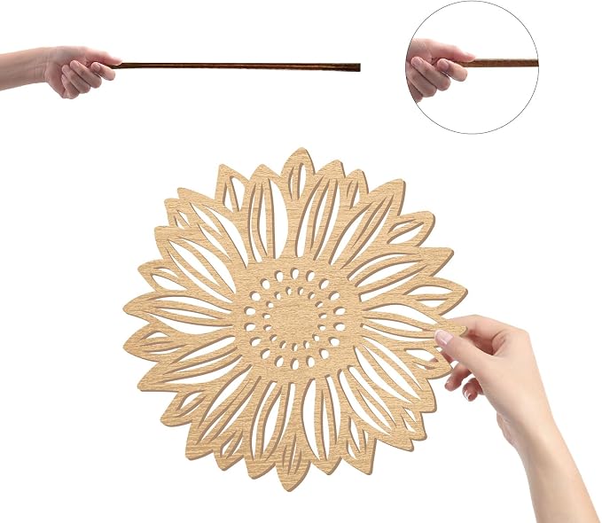 CREATCABIN 3Pcs Flowers Wood Wall Decor Wooden Sunflower Wall Art Decoration Hanging Set Hollowing Out Round Flower Sculpture Laser Cut Wooden Sign Ornament for Home Bedroom Gallery Office