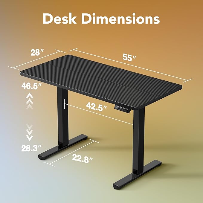 HUANUO Electric Standing Desk, 55" x 28" Height Adjustable Desk, 4 Memory Height Settings, Sit to Stand Up Desk for Home Office, with Headphone Hook, Cable Manager, Carbon Fiber Black
