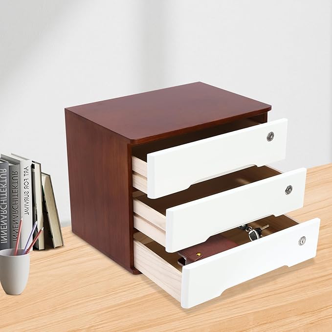 Desktop File Organizer with Lock, 2/3/4 Tier Multi-Drawer Wooden Storage Cabinet, Office Supply Organizer for Home Desk, Study & Workplace (Wine Red + White, 3 Layers)