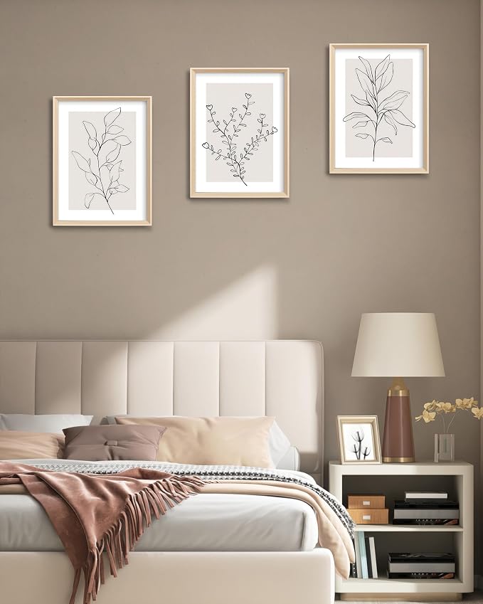 HesenDot 12x16in Botanical High Framed Wall Art Set of 3, Minimalist Line Drawing Plant Canvas Prints, Neutral Modern Nature Wall Decor for Living Room Bedroom Bathroom Office