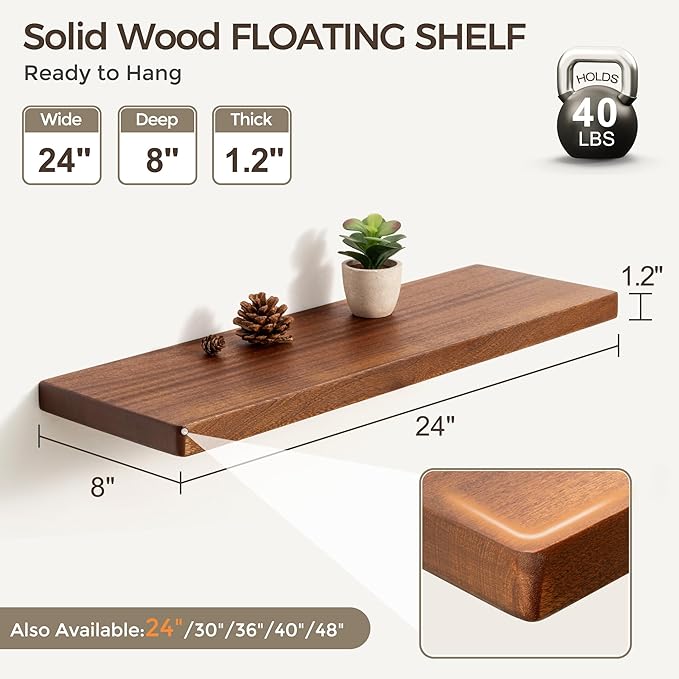 Fun Memories 24 Inch Floating Shelves, Rustic Solid Wood Wall Shelves Set of 2, 8 Inch Deep Floating Shelf for Bathroom, Bedroom, Heavy-Duty Wooden Shelf Wall-Mounted for Home Decor & Storage
