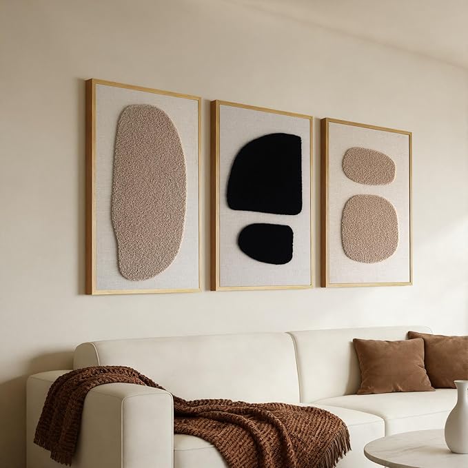 3D Textured Wall Art Bedroom, Set of 3 Abstract Geometric Minimalist Picture, Framed Linen Canvas Artwork for Living Room Office