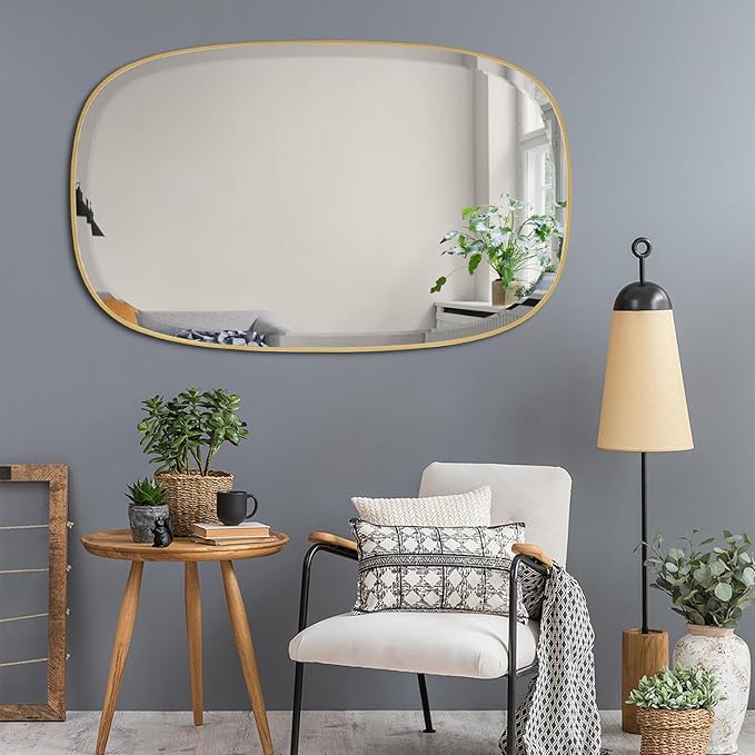 POZINO Brushed Gold Beveled Mirror, 24"x40" Modern Rounded Rectangle Mirrors, Brass Oval Mirrors, Oblong Vanity Wall Mirror in Premium Stainless Steel Frame, Hangs Horizontal Or Vertical