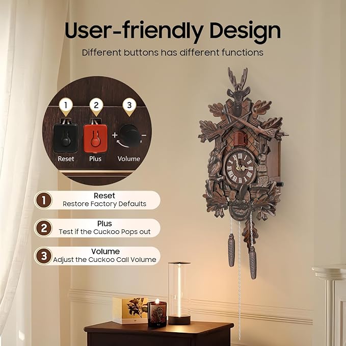Cuckoo Clock, Retro Wooden Cuckoo Birdhouse Antique Wall Clock Forest Clock Home Decor Auto Swing with Singing Bird Vintage Chalet Design(No Battery) (Type A)