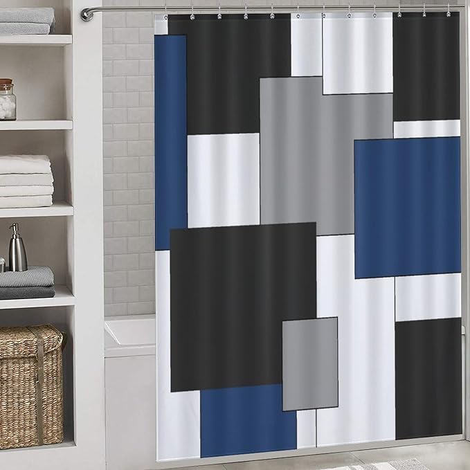 Retro Geometric Shower Curtain,Blue Black Modern Geometry Minimalist Neutral Design Bathroom Curtain Polyester Waterproof Fabric Decor 66x72in（168x183cm）