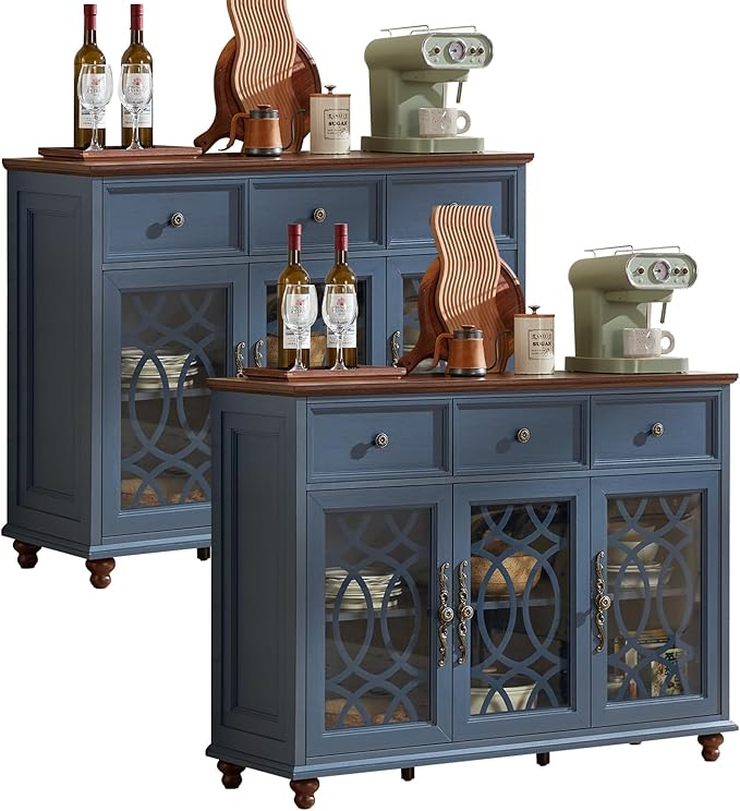 Large Sideboard Buffet Cabinet Set of 2 with Storage,48" Credenza with 3 Glass Doors & 3 Drawers,Adjustable Shelves Coffee Bar,Wood Kitchen Console Table for Dining Room,Blue