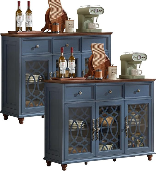 Large Sideboard Buffet Cabinet Set of 2 with Storage,48" Credenza with 3 Glass Doors & 3 Drawers,Adjustable Shelves Coffee Bar,Wood Kitchen Console Table for Dining Room,Blue
