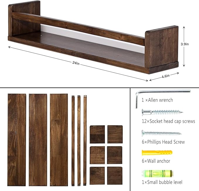 AZSKY Nursery Book Shelves 24 Inch Deep Walnut Floating Bookshelf for Kids Room Wall Mounted Floating Shelves Solid Nursery Bookshelf Perfect Decor for Kitchen Bedroom Living Room Set of 3