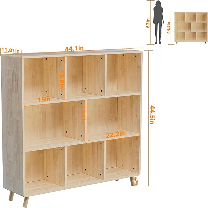 YZU Wood Book Shelf, 44” Wide Bookshelf Bookcase, 8 Cube Storage Organizer, Rustic Display Shelf, Home Office Furniture, Natural Wood (Natural B)