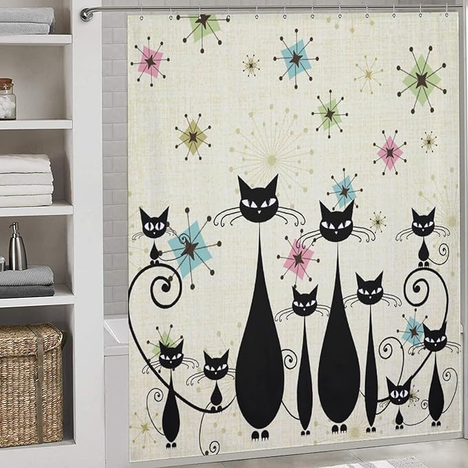 Mid Century Black Cat Shower Curtain,Retro Funny Atomic Cat Modern Abstract Geometric Iconic Pattern Bathroom Curtain Polyester Waterproof Fabric Decor 72x72in（183x183cm）