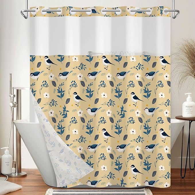 No Hook Shower Curtain and Liner Set, Bird and Floral Print in Yellow Fabric, Waterproof Bath Tub Curtain for Cottage, Farmhouse, Kids Bathroom Decor, See Through Top, 71 x 74 Inch