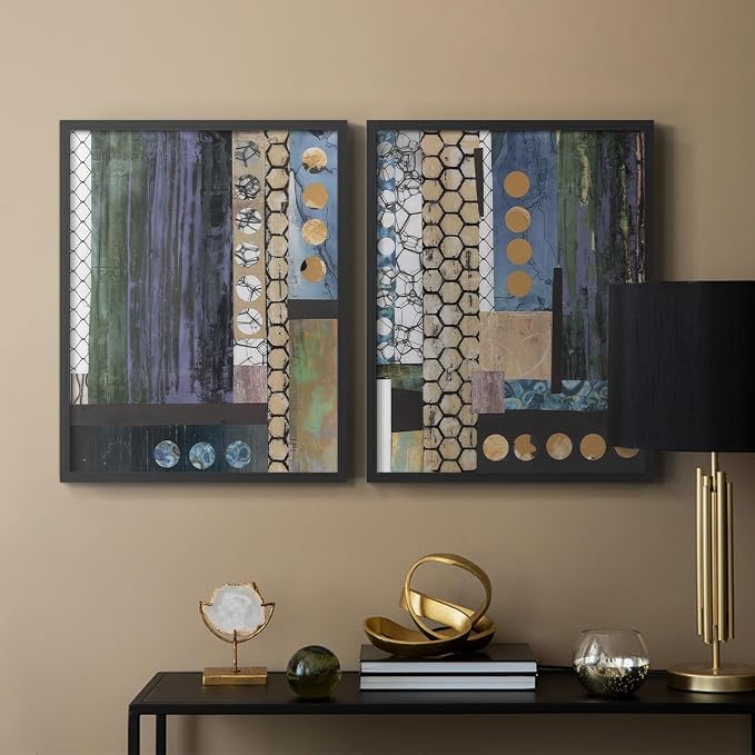 Renditions Gallery Set of 2 Peel & Stick Framed Prints, Geometric Abstract Wall Art, Hexagonal and Circular Pattern Wall Decor, Re-Stickable - Ready to Hang - 22"x28" - Black Frame LT588