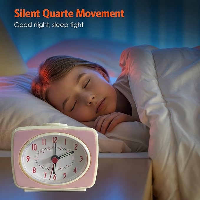 Alarm Clock Pink Small Silent Movement Vintage Classic Style Battery Powered Small Alarm Clock