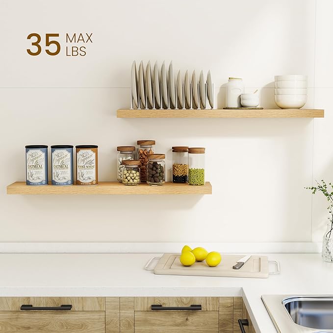 Dreamland 36Inch Floating Shelves for Wall, Rustic Wooden Floating Shelves for Bathroom|Bedroom|Kitchen, 2 Pack Deep Wall Mounted Book Shelf, Wood Storage Display Shelf for Home Decor, Oak