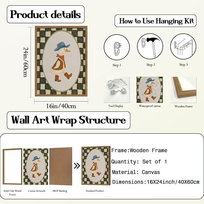 Funny Western Cowboy Goose Wall Art Cute Silly Goose Wall Decor Painting, Southwestern Duck Animal Poster Canvas Print for Living Room Bedroom 16x24 inch Wood Framed